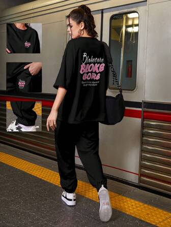 SHEIN Sports 女士标语印花圆领 T 恤和裤子运动运动服