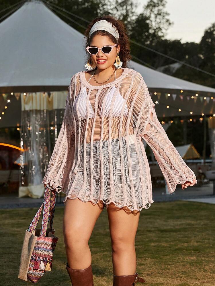 Plus Size Women's Hollow Out Long Sleeve Pullover Sweater Knit Pullover Fall Winter