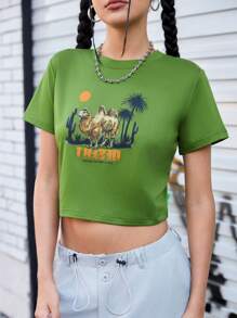 SHEIN Sports Camel Letter Printed Cropped Sports T-Shirt