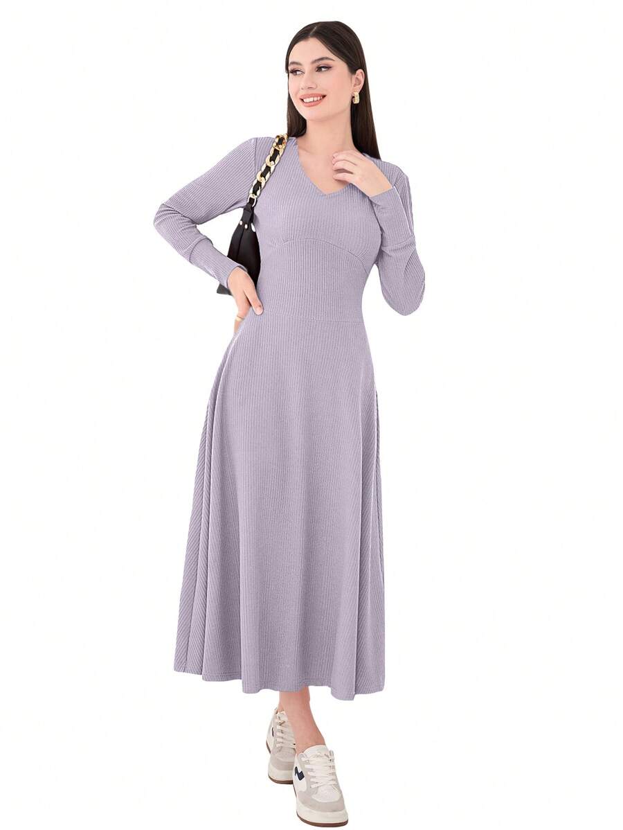 Seusyu Solid V Neck A-Line Dress Fall Cloth For Women - Dusty Purple - View 1