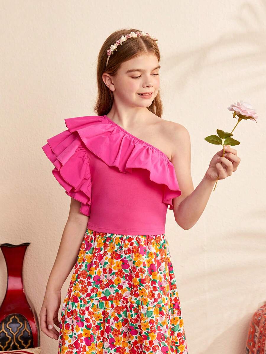 SHEIN Tween Girl Áo thun một vai xếp nếp bất đối xứng dễ thương - Màu Hồng Tươi - Xem 1