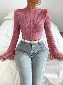 Chiquease Women's Bell Sleeve Ribbed T-shirt - Burgundy - View 3