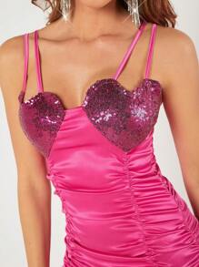 Hauture Heart Sequin Bust Ruched Satin Dress - Hot Pink - View 5
