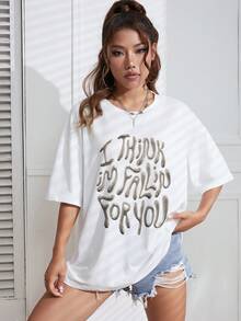 SHEIN EZwear 女士標語印花下擺垂肩t恤 - 白色 - 查看 6