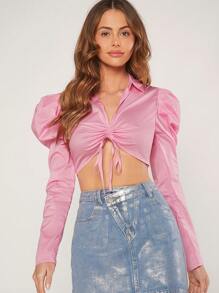 L'Amorae Puff Sleeve Tie Front Lapel Crop Top