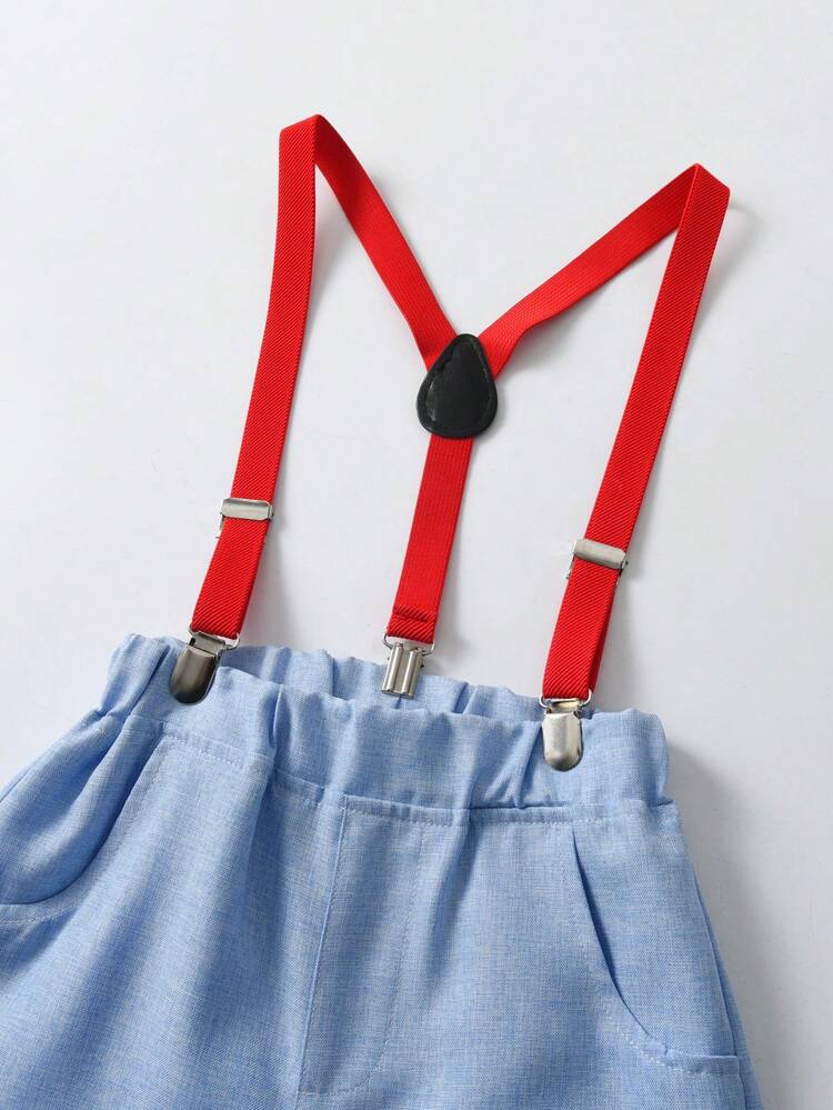 Young Boy Blue Short Sleeve Summer Suit With Gentleman Bowtie, Fashionable Outfit For Birthday Party, Evening Party, Performance And Wedding