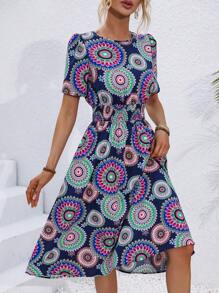 Breezaya Full Print Round Neck Belted Dress - Multicolor - View 5
