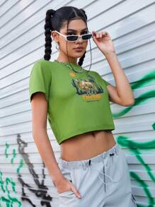 SHEIN Sports Camel Letter Printed Cropped Sports T-Shirt