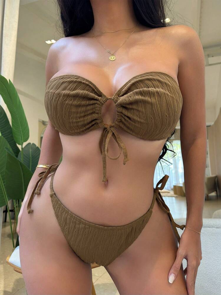 Women's Strapless Bandeau Bikini Set With Swimwear Bottoms, Two-Piece Bikini Set Summer