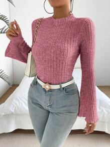 Chiquease Women's Bell Sleeve Ribbed T-shirt - Burgundy - View 6