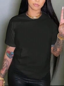 INAWLY Plus Solid Round Neck Tee - Black - View 1