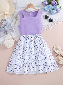 Teen Girls' Solid Color Hollow Out Vest And Printed Ruffle Hem Skirt Set - Purple - View 1