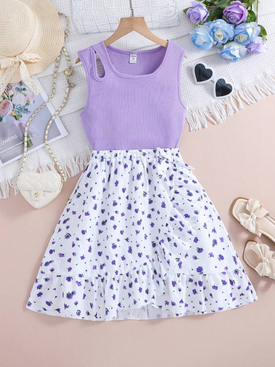 Teen Girls' Solid Color Hollow Out Vest And Printed Ruffle Hem Skirt Set - Purple - View 1