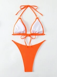 SHEIN Swim Ladies' Summer Beach Solid Halter-Neck Bikini Set Bathing Suit Music Festival - Multicolor - View 5