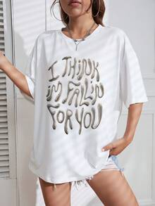 SHEIN EZwear 女士標語印花下擺垂肩t恤 - 白色 - 查看 4