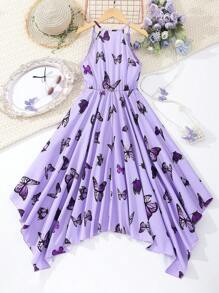 Tween Girl Butterfly Printed Spaghetti Strap Dress - Purple - View 2