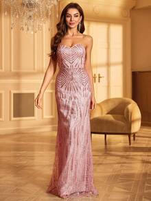 女士亮片蝙蝠袖鸡尾酒会礼服 - 粉色 - 查看 6