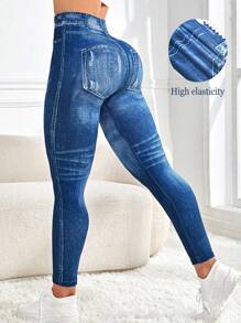 Easithlete Wide Waistband Denim Effect Sports Leggings workout leggings - Blue - View 1