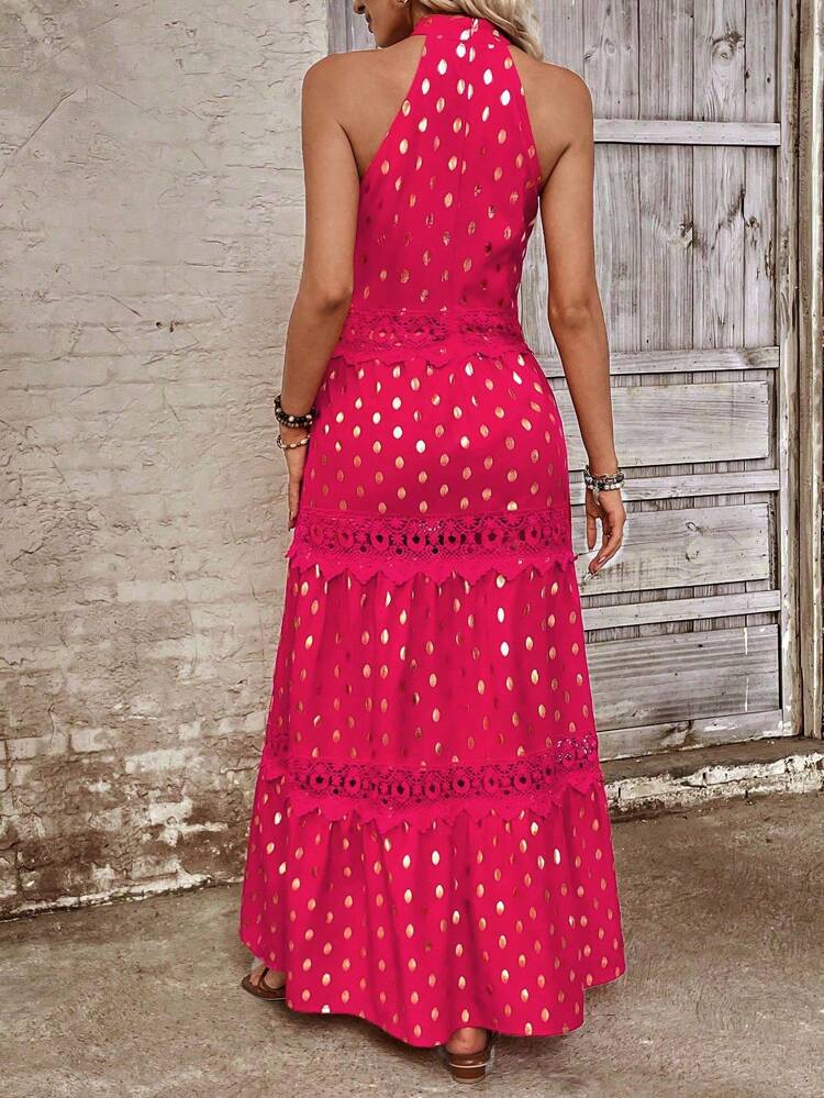 Women'S Sleeveless Polka Dot Gold Thread Detail Halter Neck Dress
