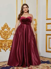 Vestido Formal De Satén De Muslo Dividido Para Tallas Grandes - Burdeos - Ver 4