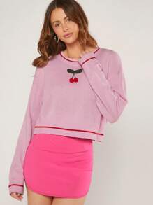 Hauture 3D Cherry Drop Shoulder Sweater - Pink - View 1