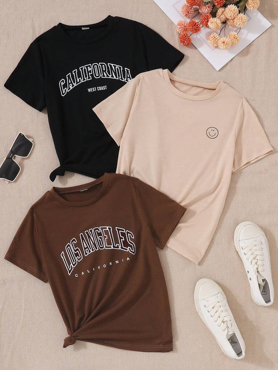 SHEIN 3pcs/Pack Tween Girls' Summer Casual Letter Printed Short Sleeve T-Shirt - Multicolor - View 1