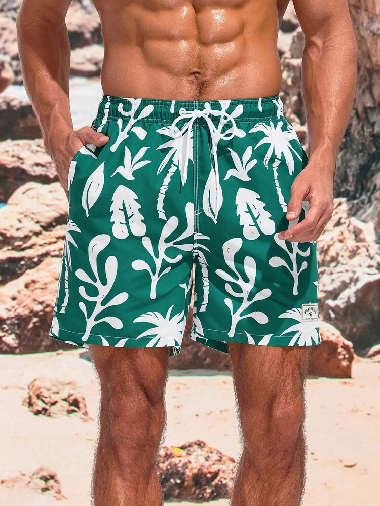 Men'S Drawstring Waist Beach Shorts With Plant Print