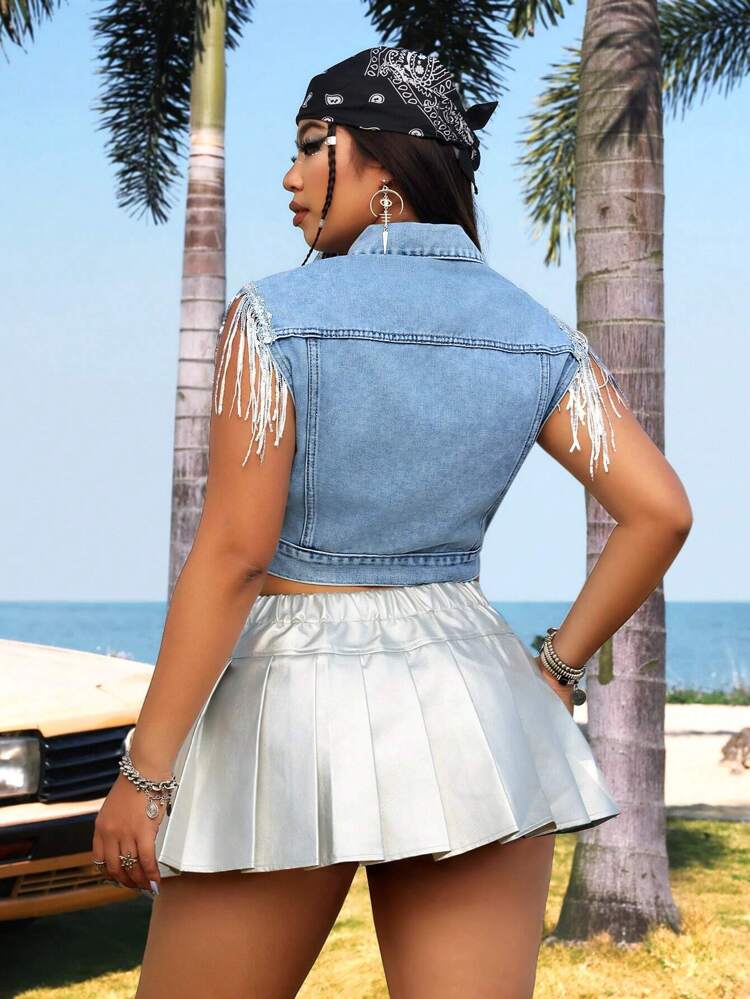 Plus Size Fringed Denim Vest Without Elasticity
