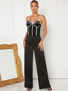 Hauture High Waist Contrast Mesh Wide Leg Pants - Black and White - View 5