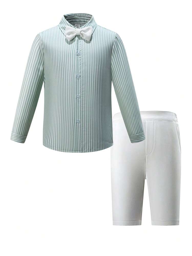 Boys' Green Striped 2pcs Gentleman Suit, Long Sleeve Shirt And Shorts Set, Stylish For Birthday Party, Evening, Performance, Wedding