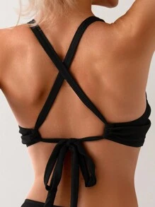 SHEIN Swim 夏季海滩女士交叉带后系带分体比基尼套装 - 黑色 - 查看 4