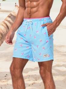 Manfinity Men'S Flamingo Printed Drawstring Beach Shorts - Blue - View 3