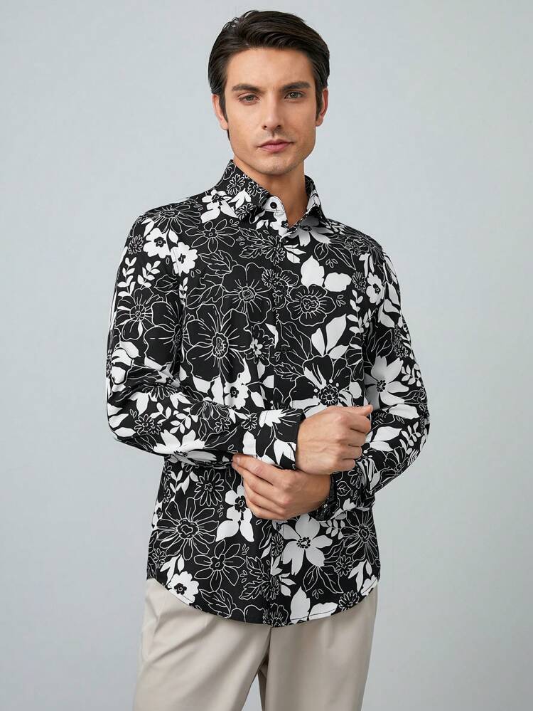 Men's Woven Long Sleeve Shirt With All-Over Floral Print