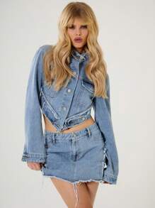 MUSERA 不对称下摆短款牛仔夹克，90年代Y2K街头风，春夏款 - 藍色 - 查看 2