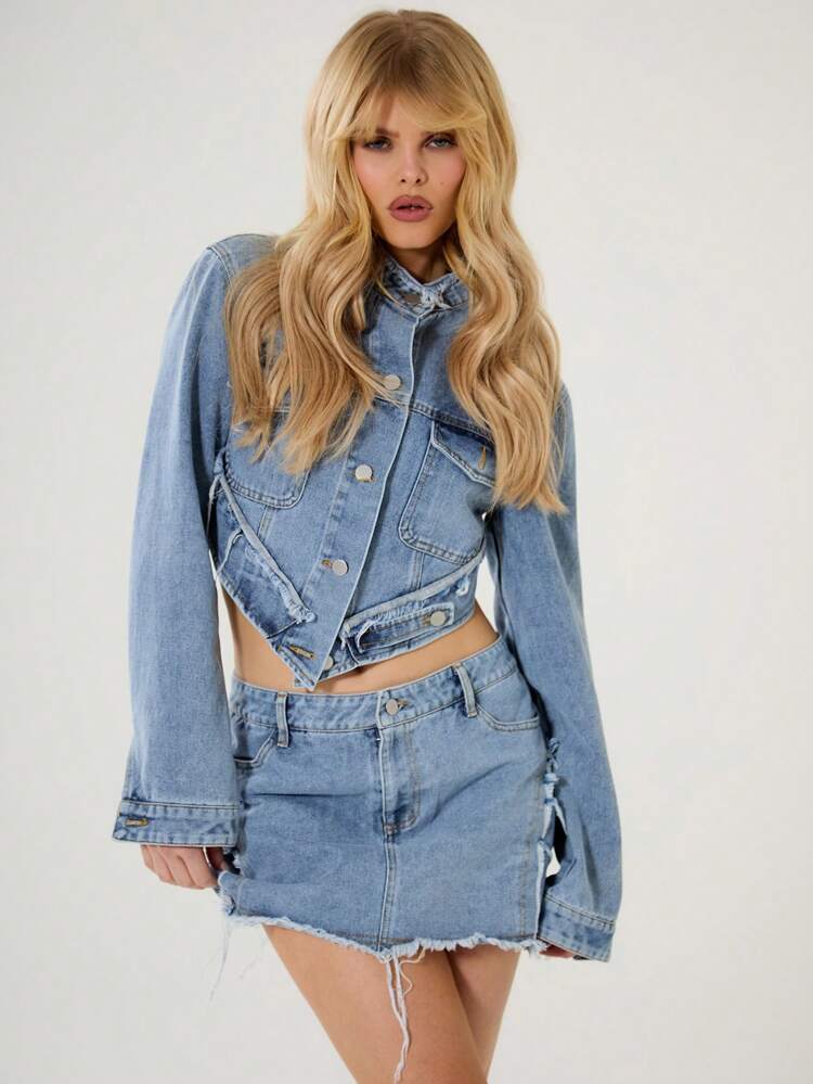 Asymmetric Hem Cropped Denim Jacket Spring 90's Y2k Streetwear Summer