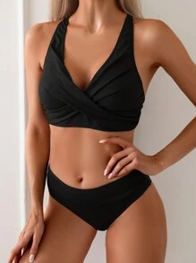SHEIN Swim 夏季海滩女士交叉带后系带分体比基尼套装 - 黑色 - 查看 5