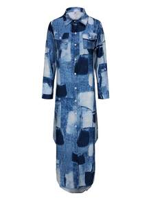 Ladies' Casual Long Sleeve Printed Shirt Dress Cardigan, Mid-Length Loose Dress - Light Wash - View 3