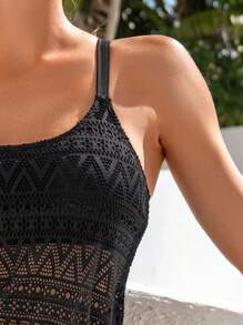 SHEIN Swim 夏季海滩女士蕾丝露背分体泳衣套装 - 黑色 - 查看 3