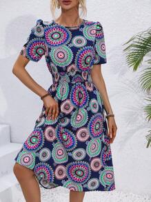Breezaya Full Print Round Neck Belted Dress - Multicolor - View 6