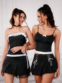 Forever 21 Women's Color Block Crossed Ribbon Strap Peplum Top With Ruffled Hem - Black - View 3