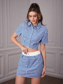 Forever 21 Bộ áo và chân váy kẻ caro cho nữ - Màu xanh lam - Xem 1