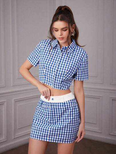 Forever 21 Bộ áo và chân váy kẻ caro cho nữ