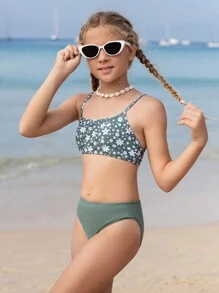 Tween Girl Floral Printed Bikini Set Summer Beach