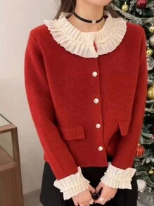 酒紅色蕾絲拼接衣領和袖口的針織開衫 - 酒紅色 - 查看 3