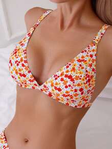 Swim Mod Summer Beach Floral Print V-Neck Bikini Top - Multicolor - View 1