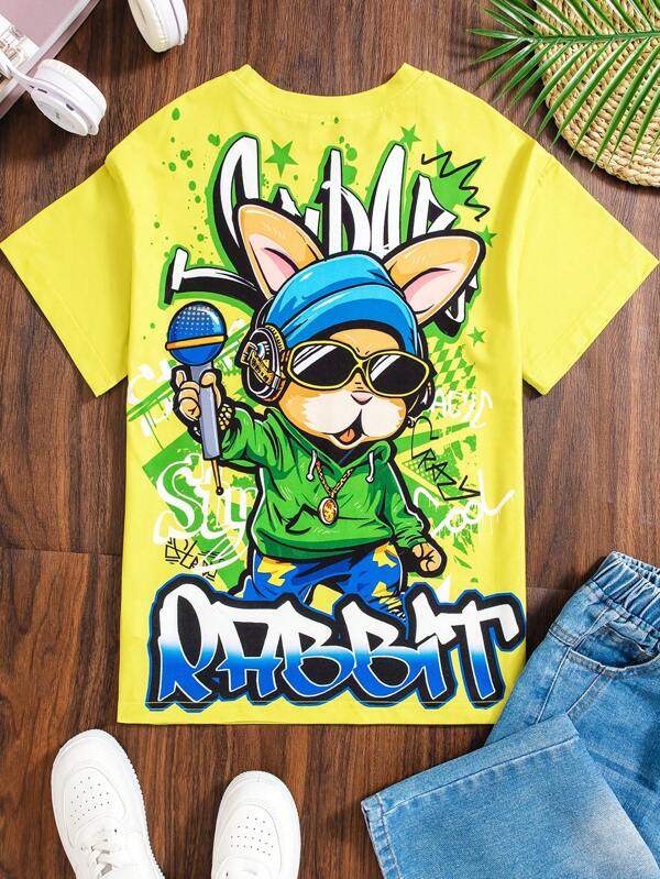 SHEIN Street Style Rabbit Graffiti Print Back Short Sleeve T-Shirt For Tween Boy