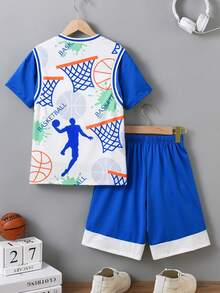 SHEIN Tween Boys' Color Block Basketball Printed T-Shirt And Shorts - Multicolor - View 2
