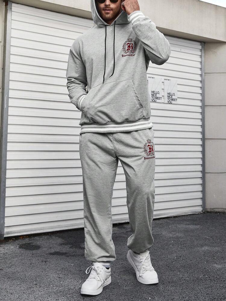 Men's Plus Size Letter Printed Hooded Sweatshirt And Sweatpants Set With Drawstring