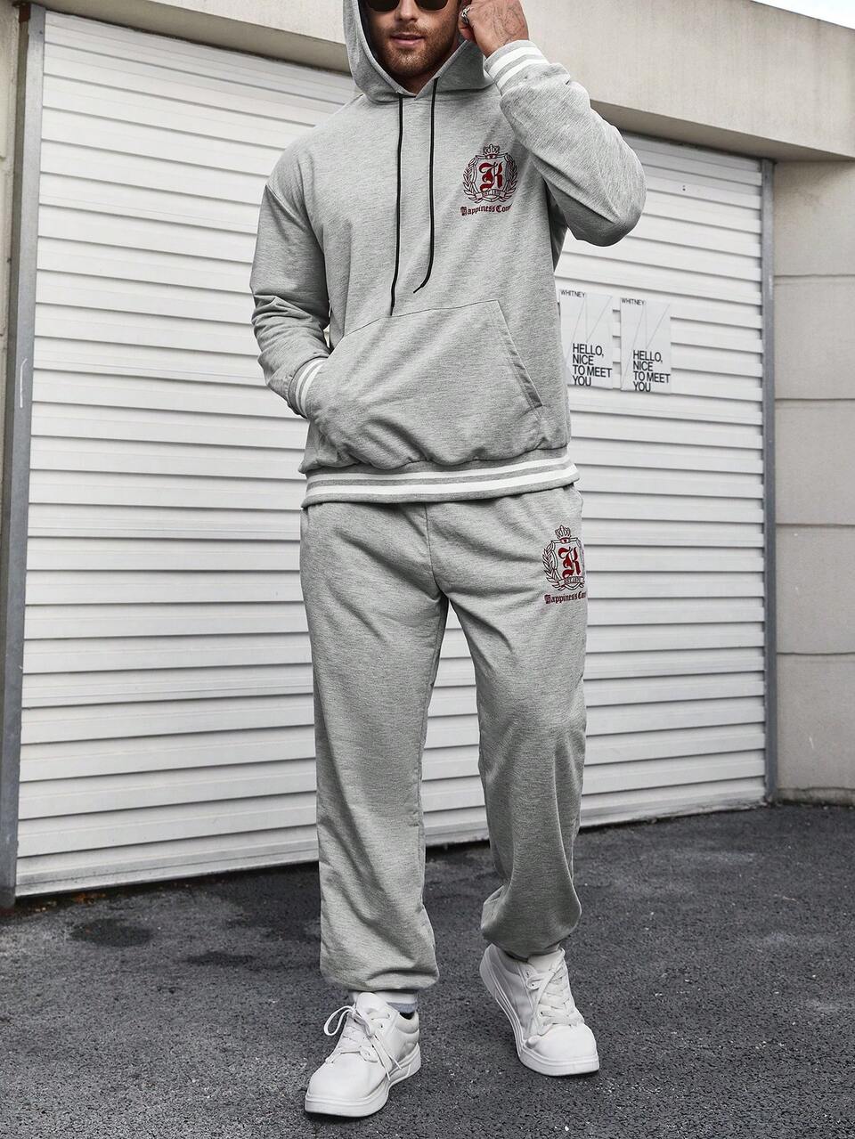 Men's Plus Size Letter Printed Hooded Sweatshirt And Sweatpants Set With Drawstring