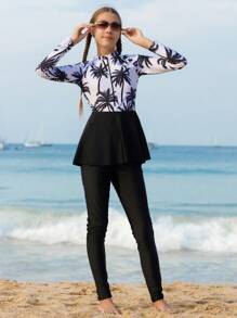 Teen Girls' Palm Tree Print Long Sleeve Tankini Swimwear Set - Black and White - View 3